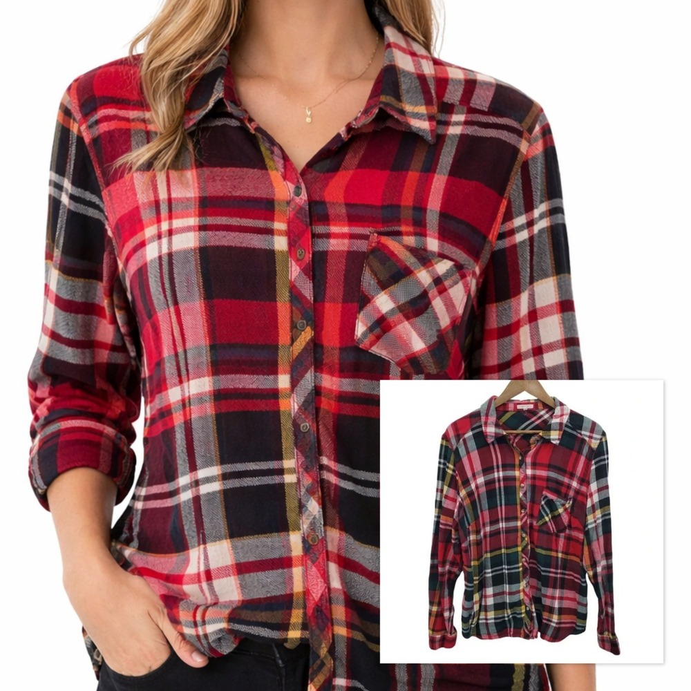 Maurices Flannel Shirt Plaid Button Up Long Sleeve Classic Red Womens S (2)